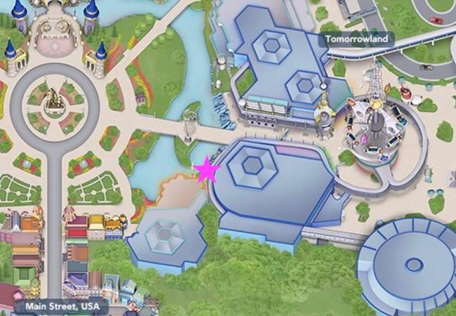 Map of the Magic Kingdom showing the location of the purple wall in Tomorrowland