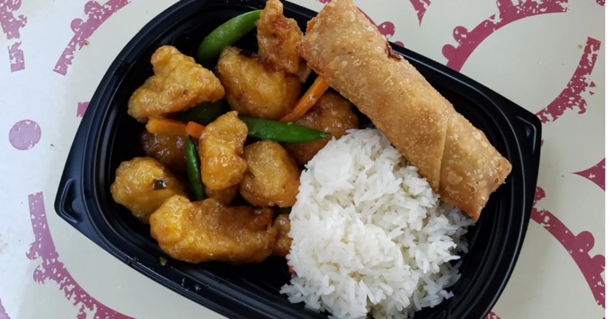 Egg roll, rice, and main from Yak & Yeti Local Food Cafes