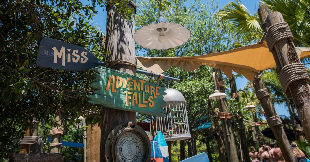 Miss Adventure Falls at Typhoon Lagoon attraction sign