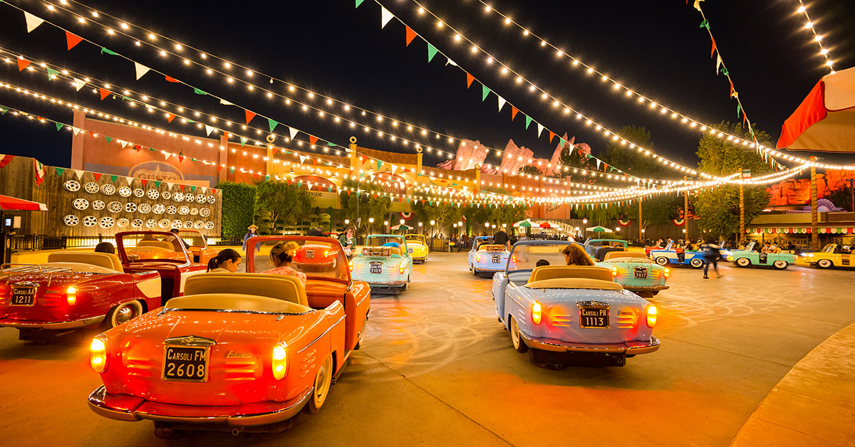 Luigi's Joy to the Whirl at California Adventure, cars at night