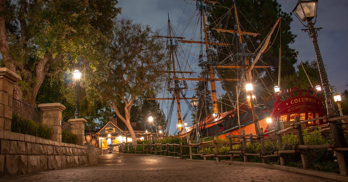Harbour Galley and Sailing Ship Columbia at night, Disneyland