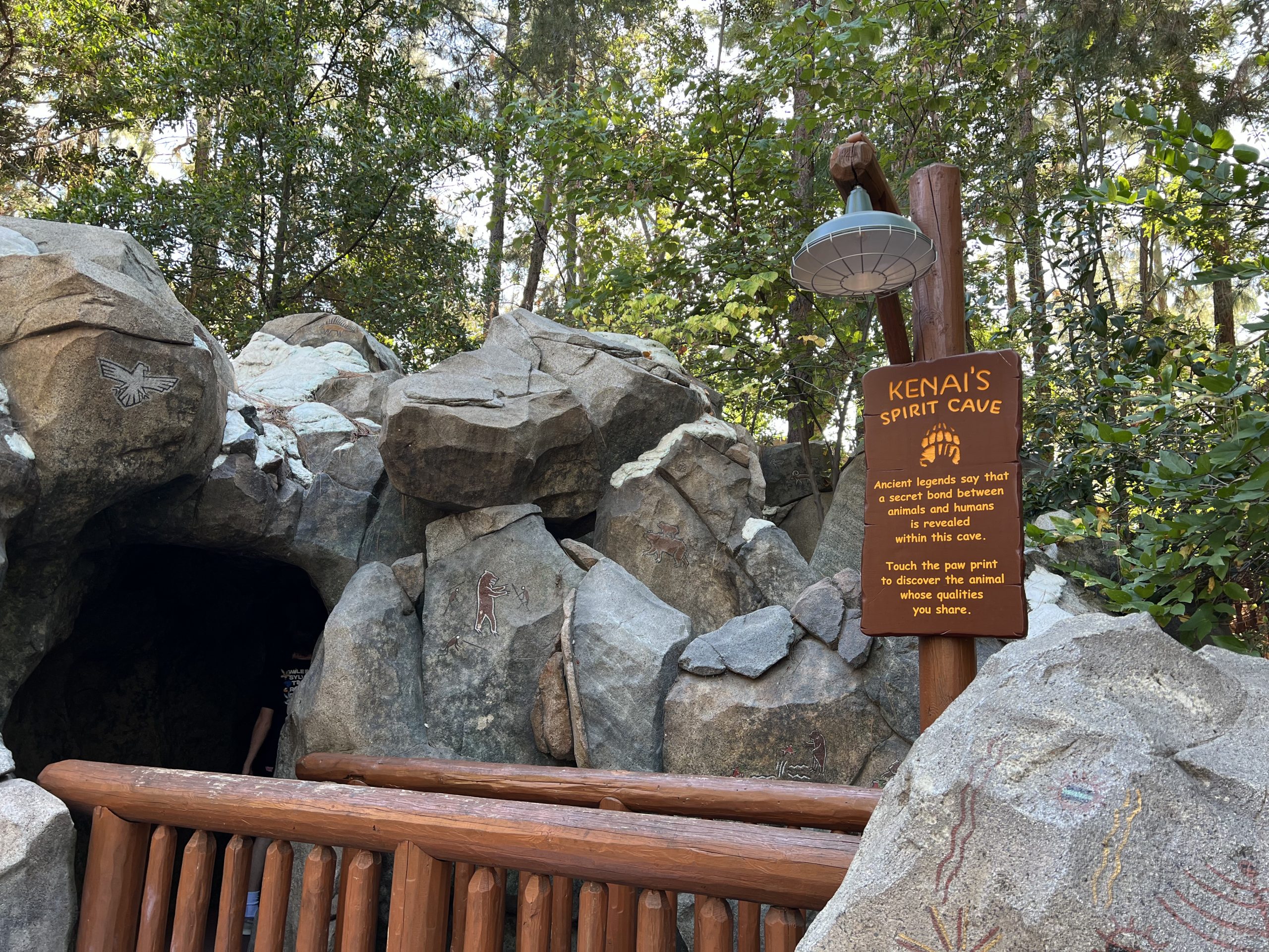 Kenai's Spirit Cave entrance and sign, Redwood Creek Challenge Trail