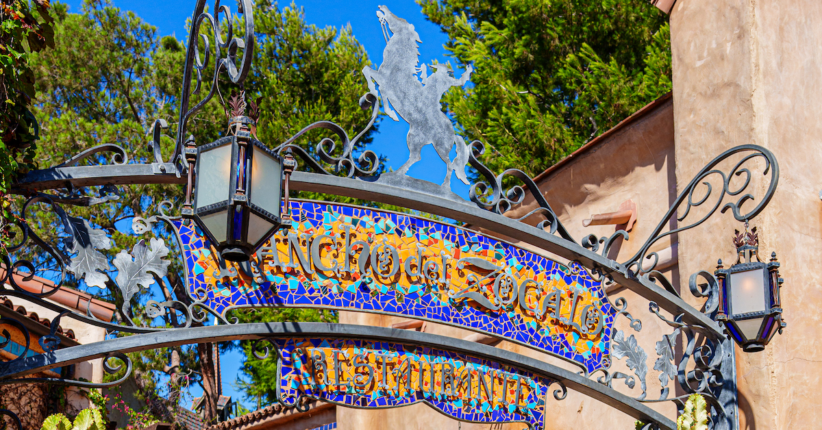 081224_Disneyland_Frontierland_Rancho-Del-Zocalo_Entrance_Danny-Shuster (FI) Rancho del Zocalo Restaurante, entrance sign on sunny day