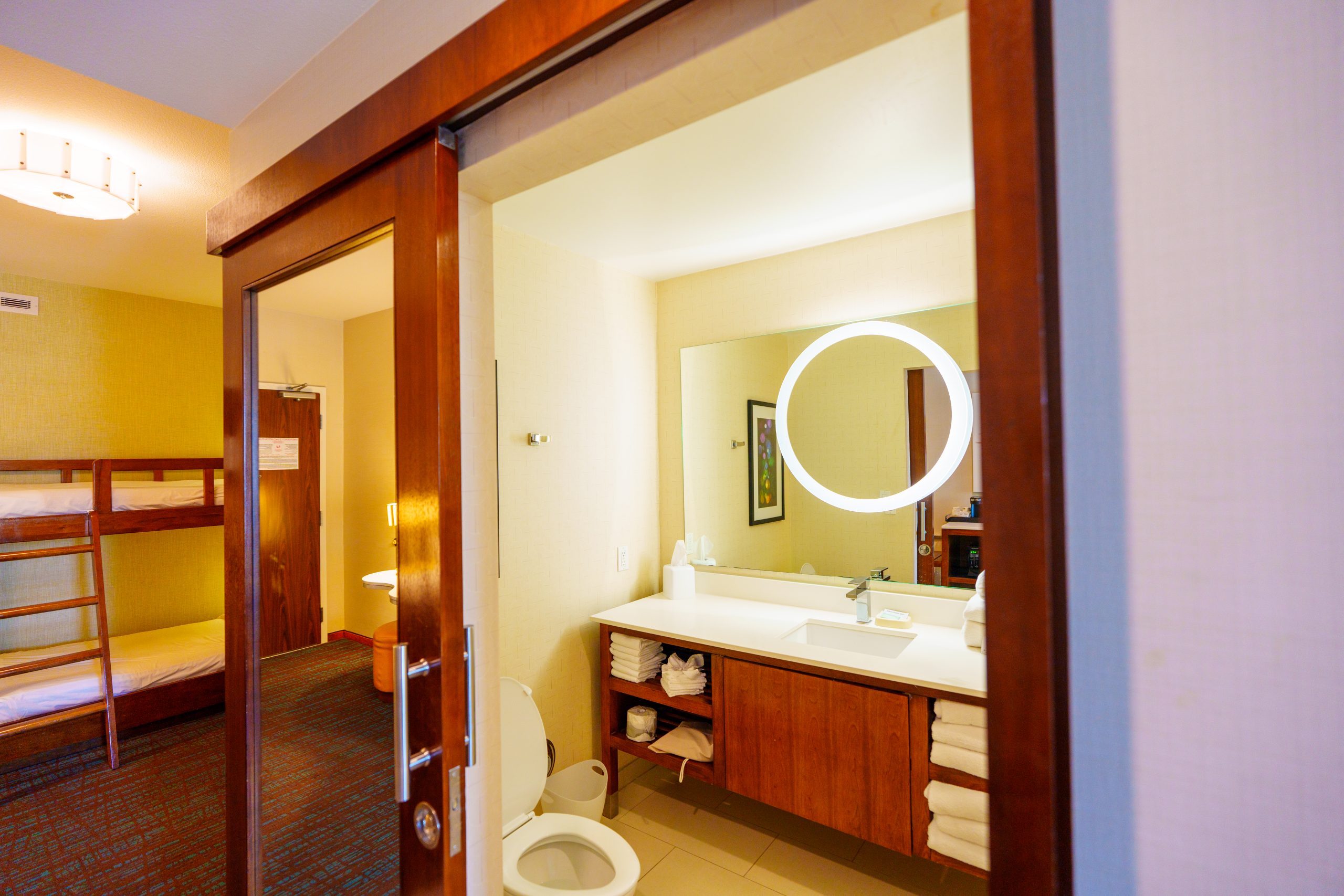 Springhill Suites kids suite bathroom and bunk beds