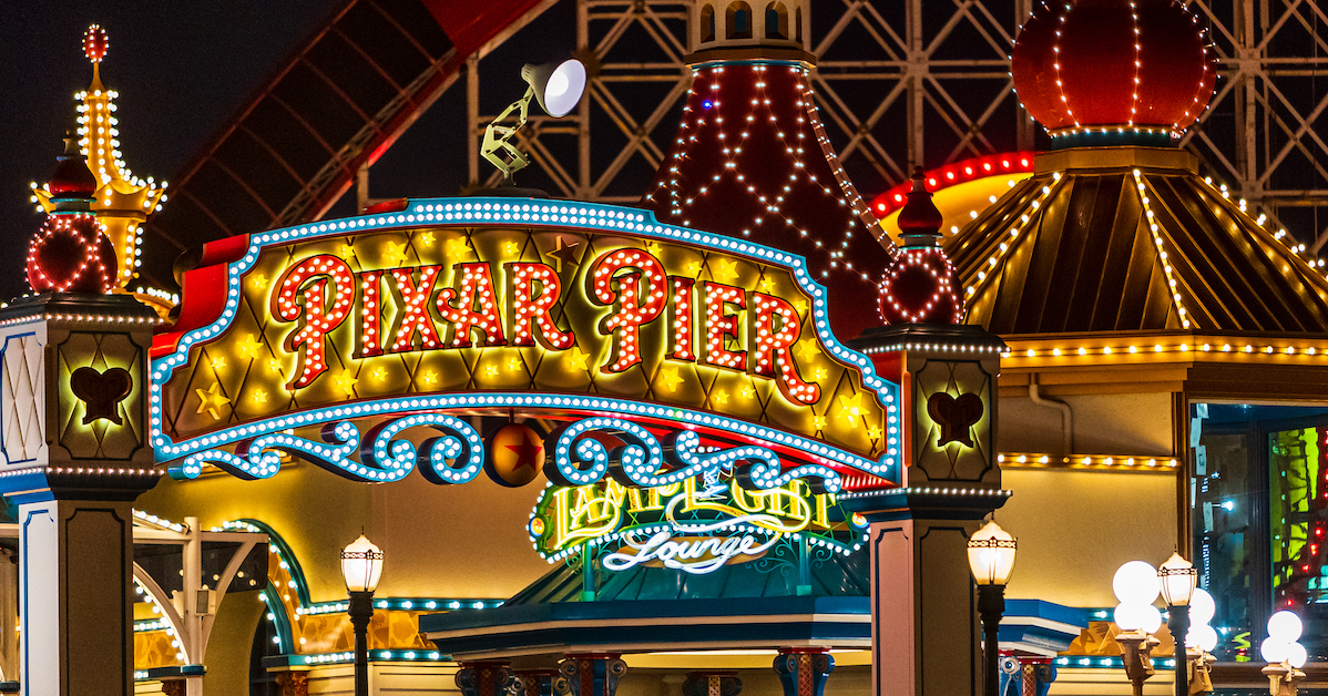 Lamplight Lounge at night, Pixar Pier lights