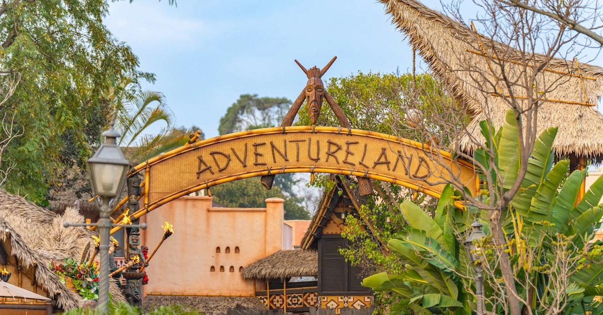 Adventureland entrance sign on sunny day, Disneyland Park
