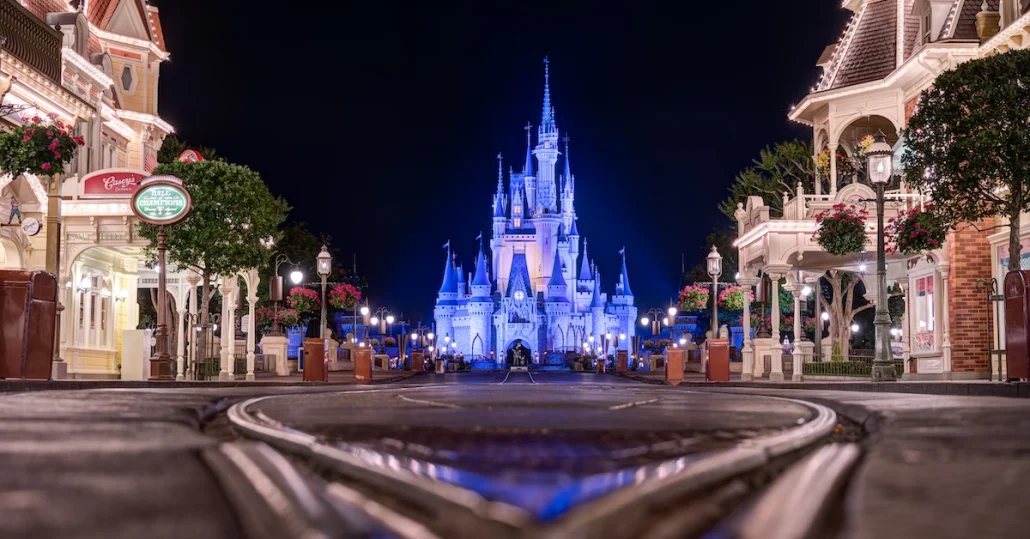 First Disney World Trip Tips – Walt Disney World Planning Guide, Magic Kingdom, Cinderella Castle at night from Main Street
