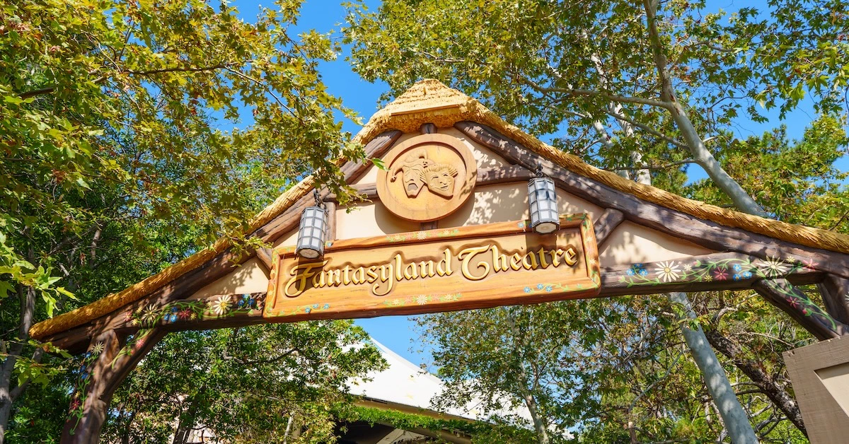 Fantasyland Theatre marquee sign, sunny day