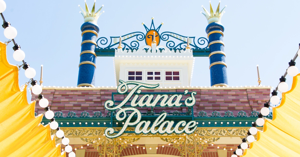 Tiana's Palace exterior sign at Disneyland