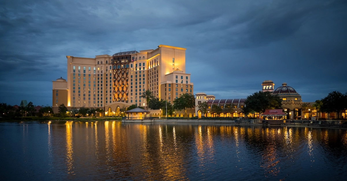 disney world hotels with toddlers, Disney's Coronado Springs Resort blue hour, exterior