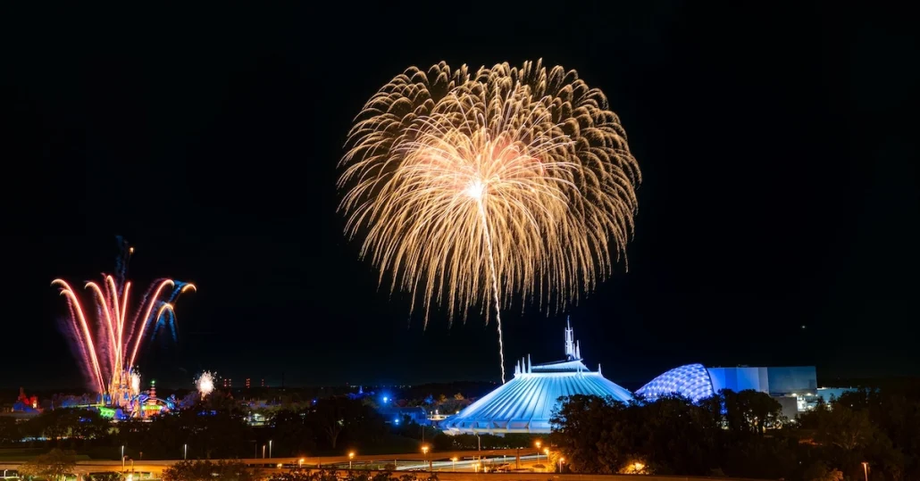 Fireworks at Disney World's monorail resorts, view from Disney's Contemporary Resort