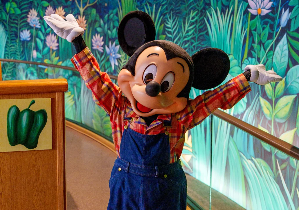 Mickey in farmer's outfit at Garden Grill