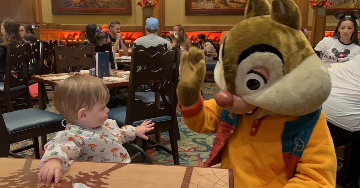 Toddler dining at Disney Parks, baby with Dale