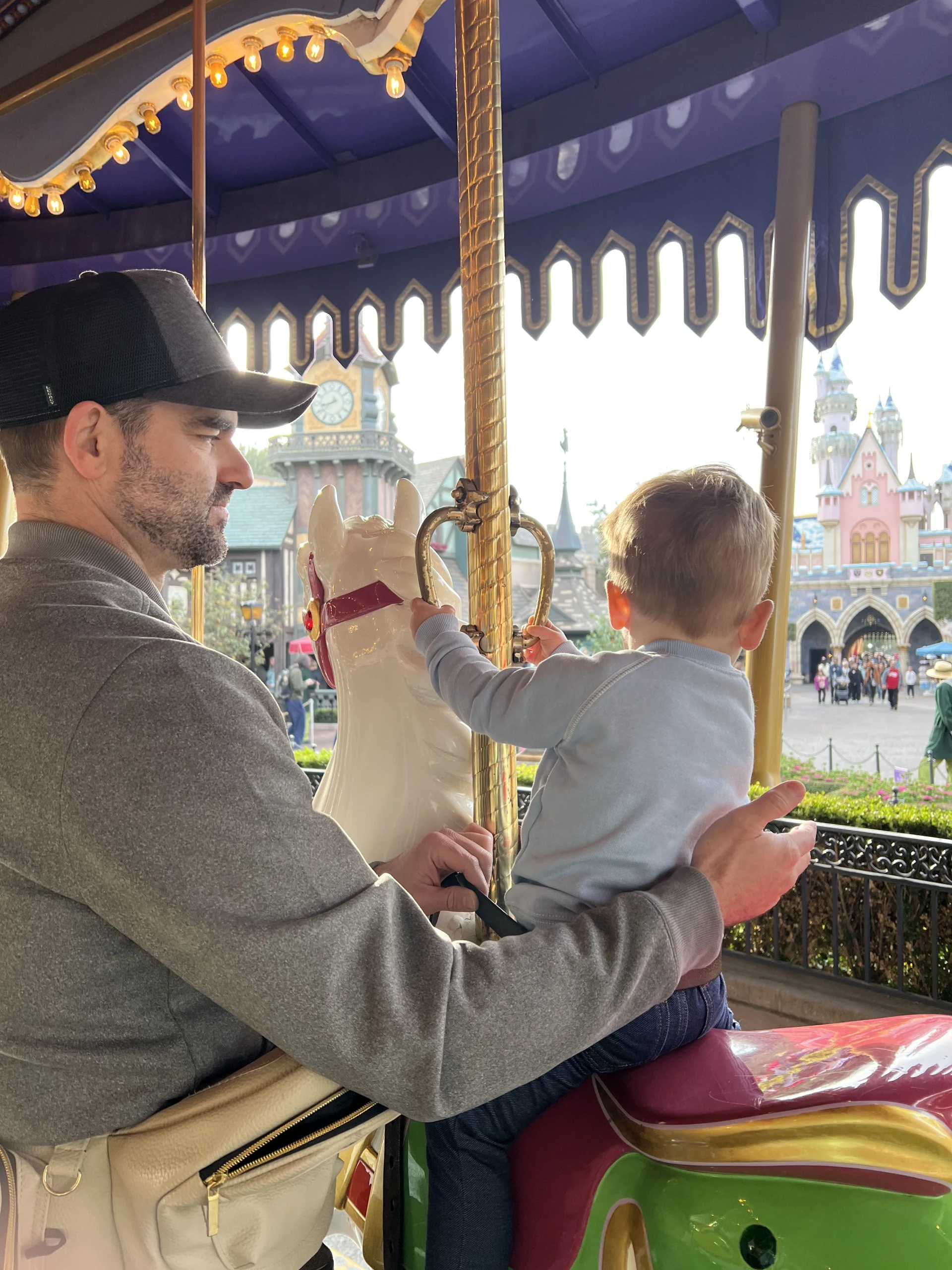Toddler on King Arthur Carrousel at Disneyland, rope drop with a toddler
