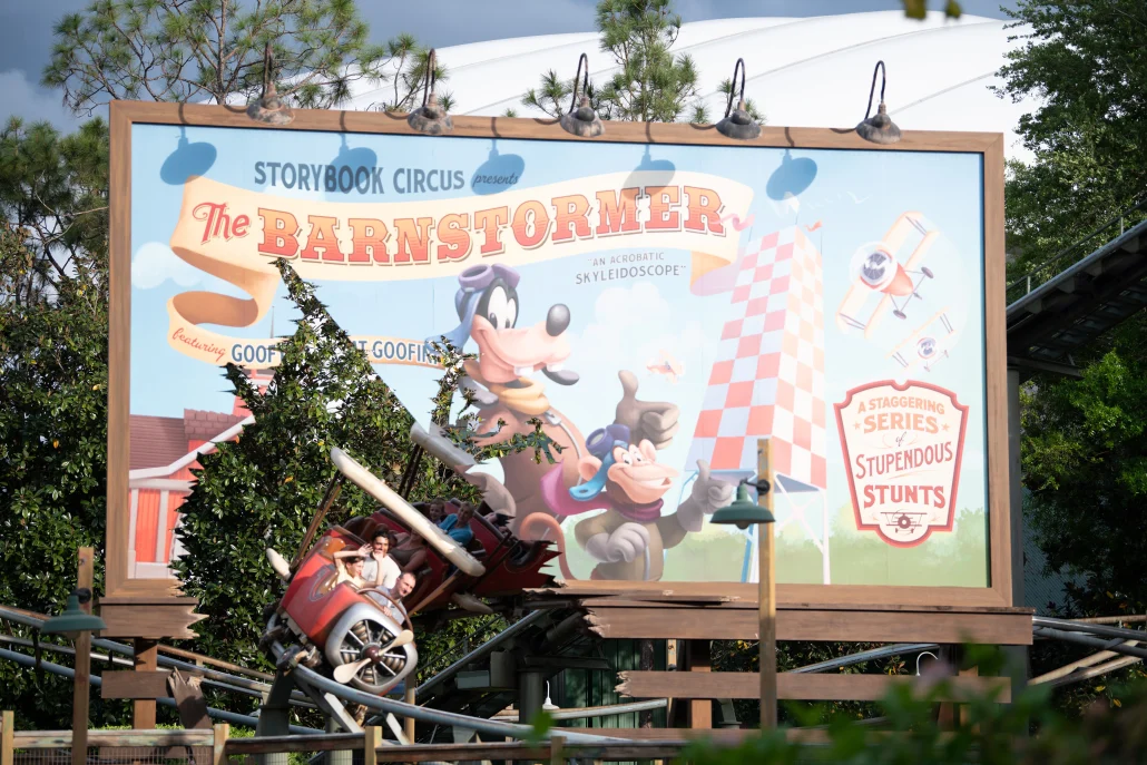 The Barnstormer ride track and signage at Magic Kingdom