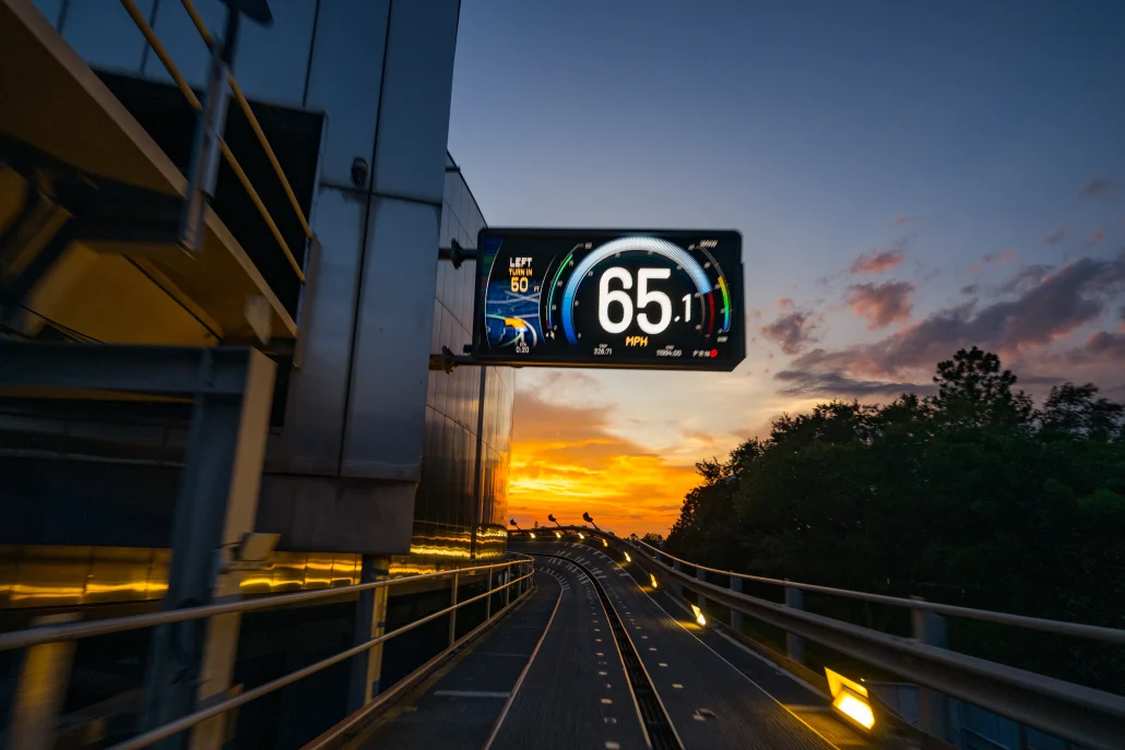Test Track final turn speed test at sunset