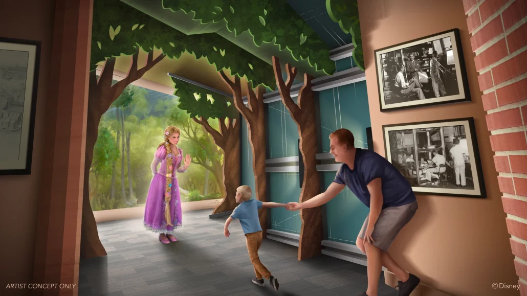 magic of disney animation, concept art of rapunzel meeting guests